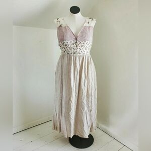 90s Vintage Patchwork Flax Blend Sleeveless Sun Dress size 14